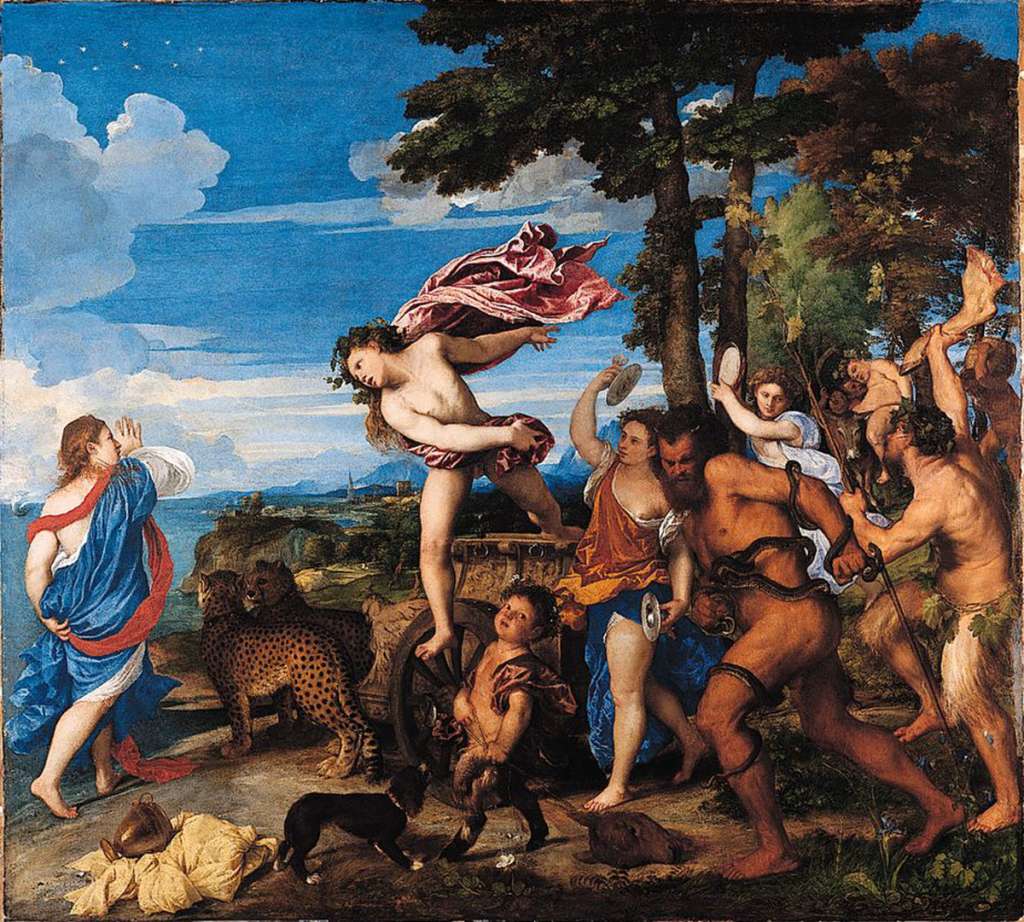 London National Gallery Top 20 09 Titian - Bacchus and Ariadne Titian - Bacchus and Ariadne, 1522-23, 175 x 191 cm. Bacchus, god of wine, emerges with his followers from the landscape to the right. Falling in love with Ariadne on sight, he leaps from his chariot, drawn by two cheetahs, towards her. Ariadne had been abandoned on the Greek island of Naxos by Theseus, whose ship is shown in the distance. The picture shows her initial fear of Bacchus, but he raised her to heaven and turned her into a constellation, represented by the stars above her head. Titian�s little dog barks excitedly at the strutting faun with jasmine in his hair, trailing a mangled calf�s head alongside a caper flower, symbol of love.